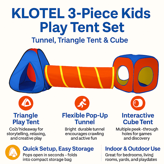Klotel Kids Play Tent – Indoor and Outdoor Playhouse for Toddlers and Children with Tunnel and Tent Combo, Easy Setup, Lightweight & Portable