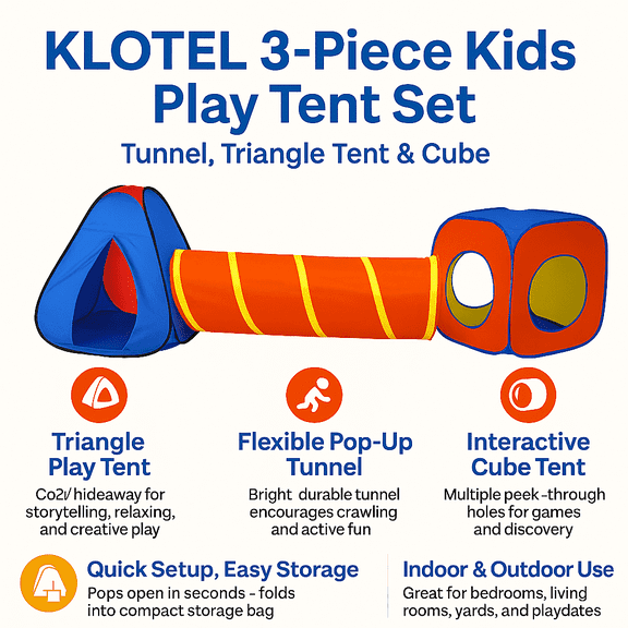 Klotel Kids Play Tent Indoor and Outdoor Playhouse for Toddlers and Children with Tunnel and Tent Combo, Easy Setup, Lightweight & Portable