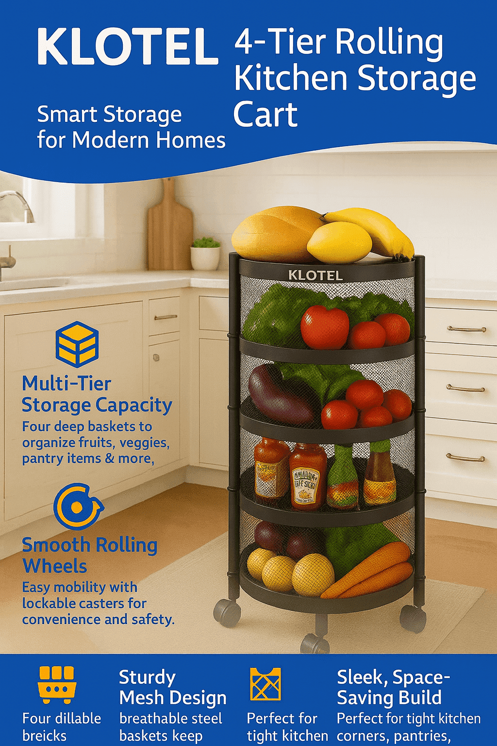 Klotel Fruit Vegetable Trolley Kitchen Storage Carts with Rotating Shelf