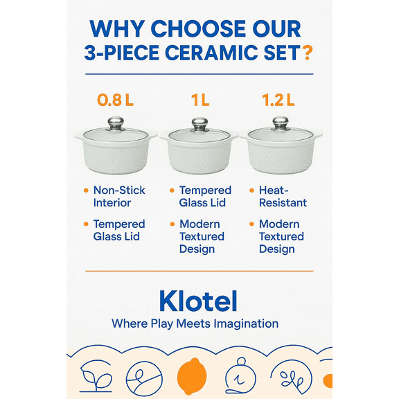 Klotel White Ceramic 3 set Soup pot With Two Ear and Table Style Glass Cover Design