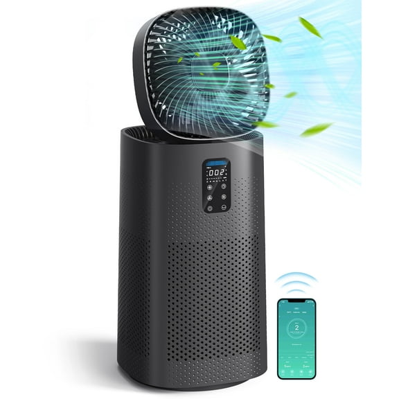 Kloudic Air Purifier Fan for Home, Large Room up to 2500 Sq.Ft, Smart WiFi Control, HEPA Filter System, Pre-Washable Filter, Oscillating Function, Black