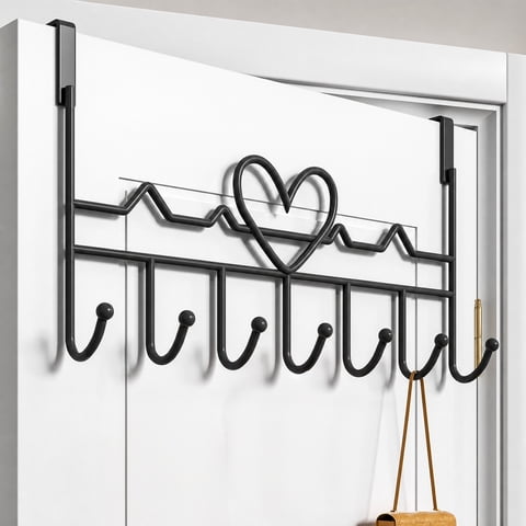 Klsdynlned Over The Door Hooks, Black Heart Shaped Metal Hanger, 7 Hooks No Drill Coat Rack for Bedroom, Bathroom, Entryway, Heavy Duty Storage Organizer