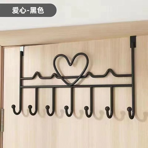 Klsdynlned Over The Door Hooks, Black Heart Shaped Metal Hanger, 7 Hooks No Drill Coat Rack for Bedroom, Bathroom, Entryway, Heavy Duty Storage Organizer
