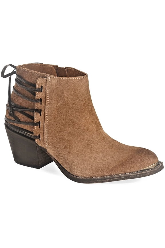 Berta Corset Tobacco Back Weathered Suede Edgy Stacked Heel Bootie