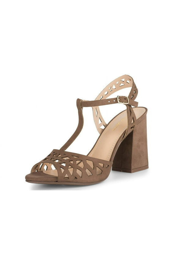 TESSA Heeled Sandals Truffle Suede Open Toe Block Heel Laser-cut Pumps (Truffle, 10)