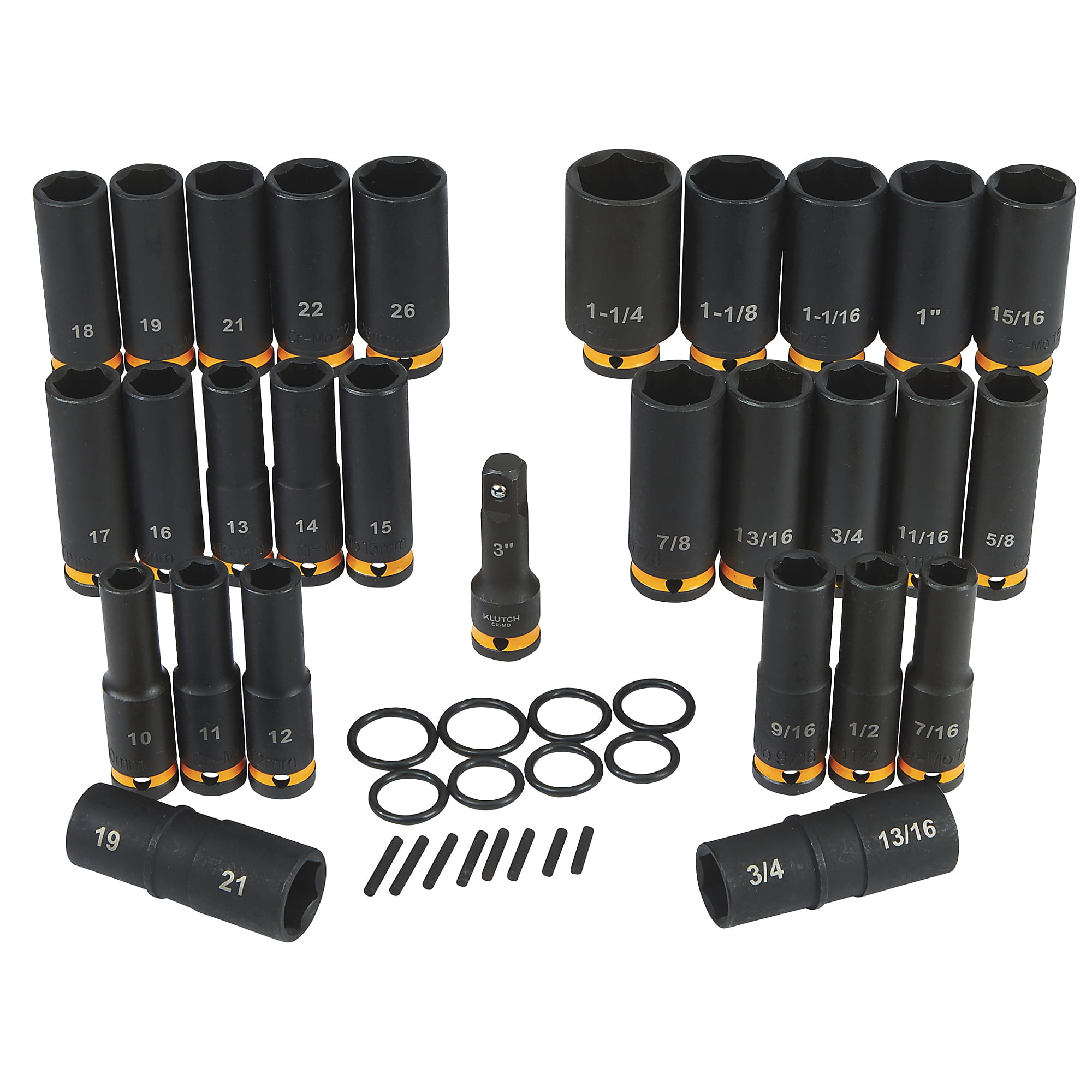 Klutch 1/2in.-Drive Deep Impact Socket Set, SAE + Metric, Chrome Molybdenum, 29-Pc.