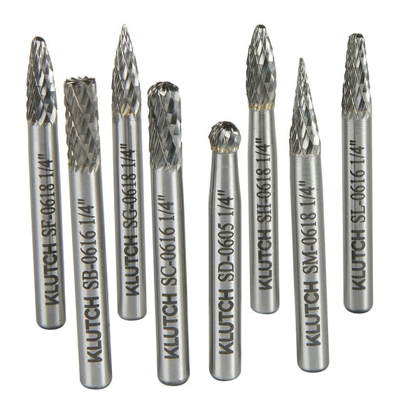 Klutch 1/4in. Double Cut Carbide Burr Set, 8-Pc.