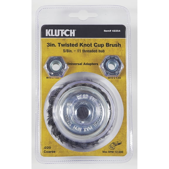 Klutch Twisted Knot Coarse Cup Brush, 3in. x 5/8in.-11, 12,500 RPM, 2 Hub Adapters