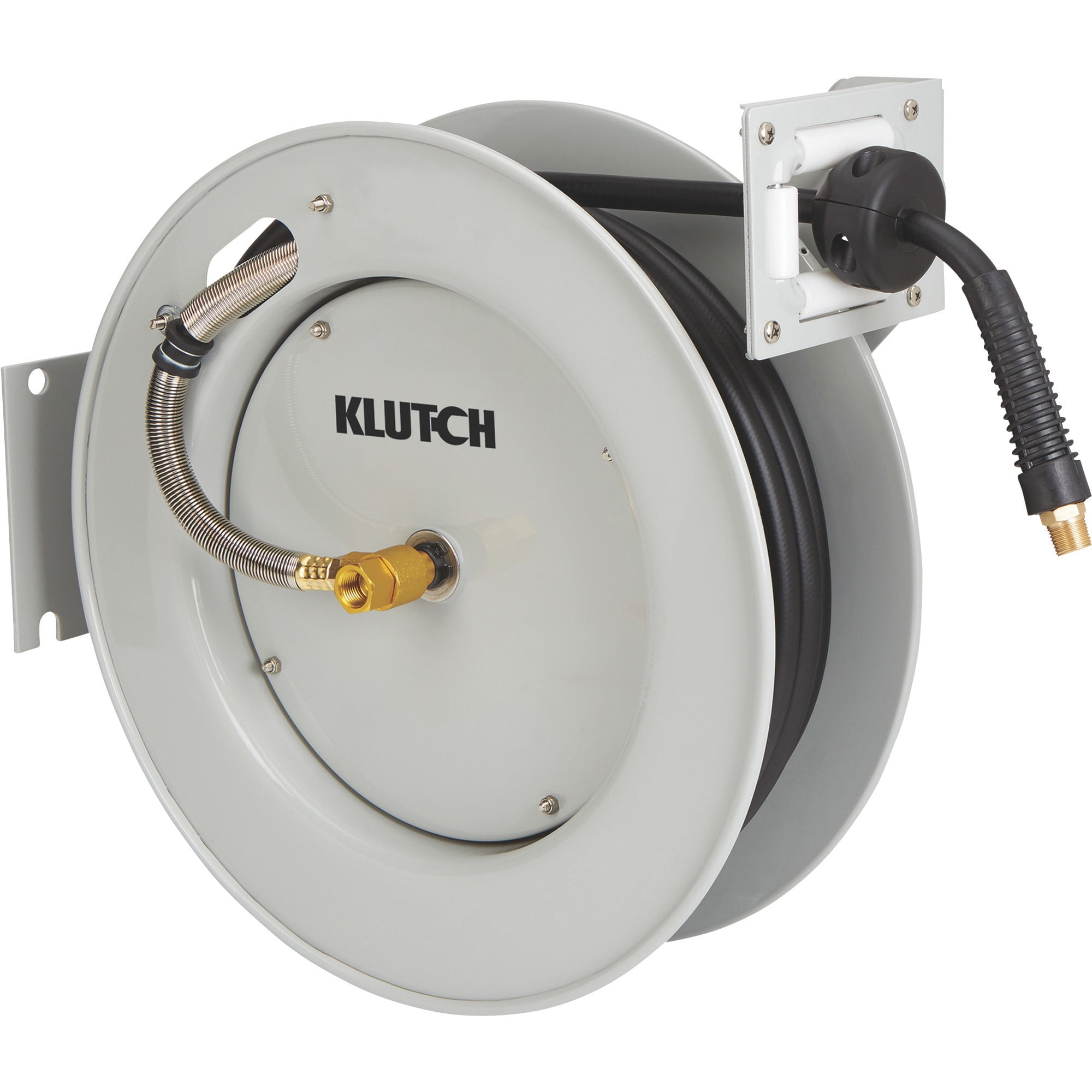 Klutch Auto-Rewind Air Hose Reel, with 3/8in. x 50ft. Hybrid Polymer Hose, 300 Max. PSI