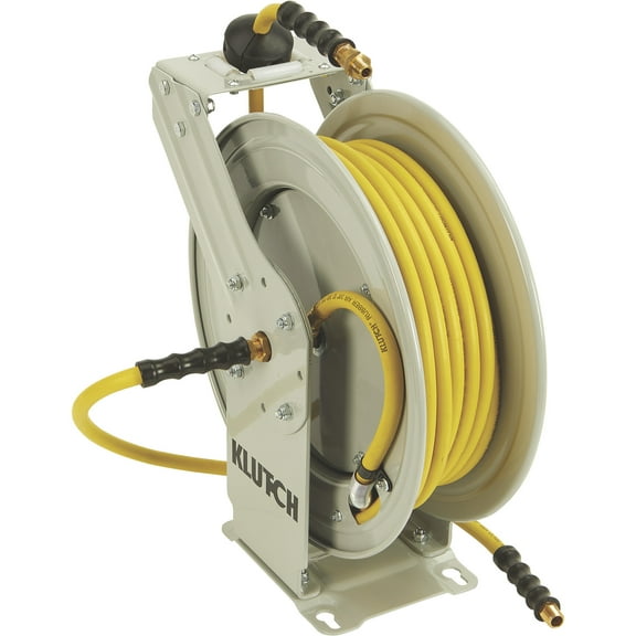 Klutch Auto-Rewind Dual-Arm Air Hose Reel with 3/8in. x 50ft. Hose, 300 PSI