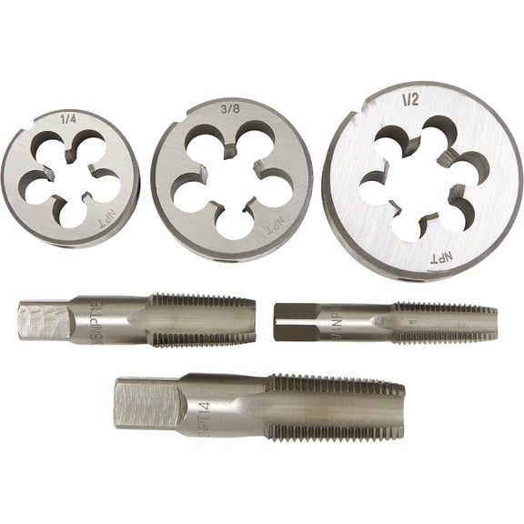 Klutch 6-Pc. Pipe Tap & Die Set, NPT, 1/4in.1/2in., Alloy Steel, SAE, Wood Case