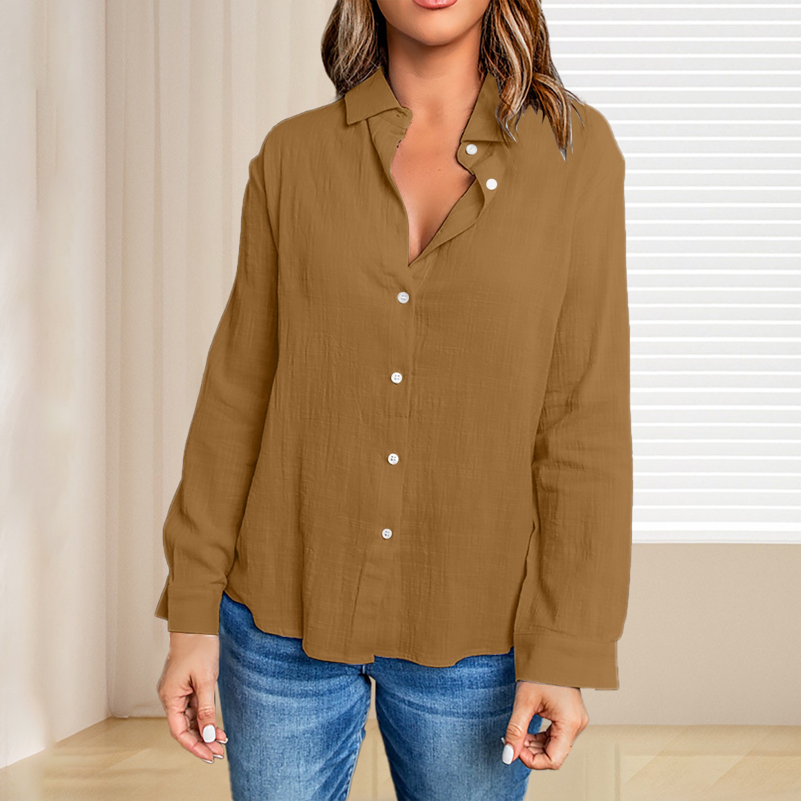 Klyl Women's Long Sleeve Button up Slub Cotton Cardigan Shirt Loose