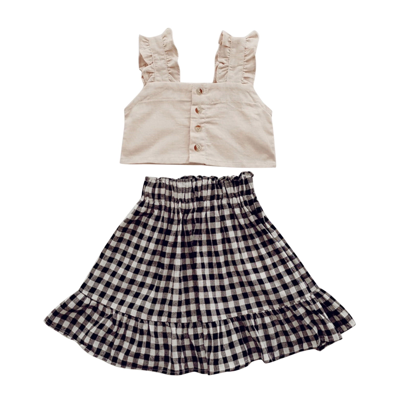 KmaiSchai Girl Outfit Toddler Kids Girls Strap Ruffle Vest T Shirt Tops With Button Plaid Skirt