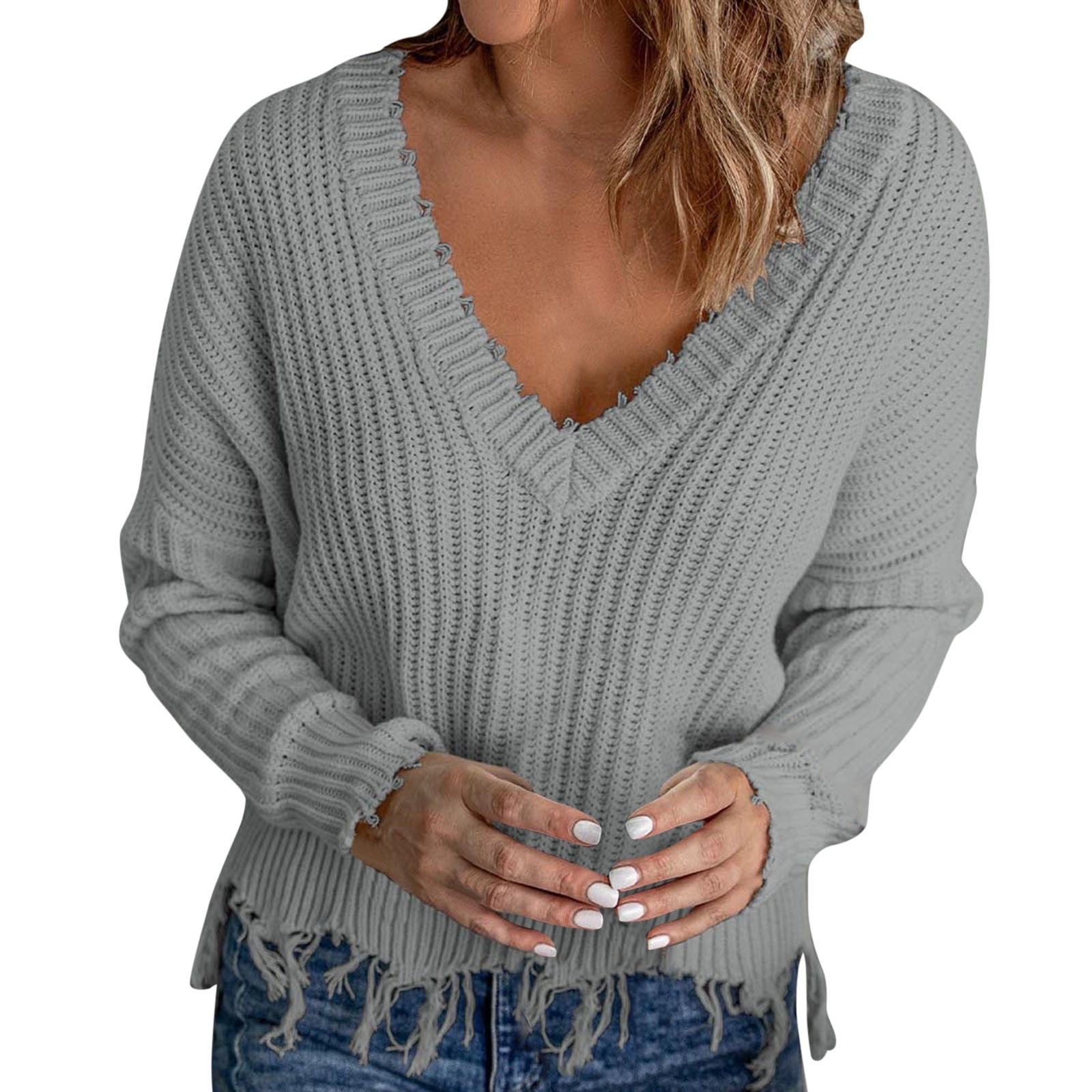 KmaiSchai Long Sleeve Deep Cowl Neck Top Women Loose Casual V Neck Pullover Hem Fringe Solid Color Knit Sweater Pullover Sweater Women Loose Knit V Neck Sweater Women Walmart