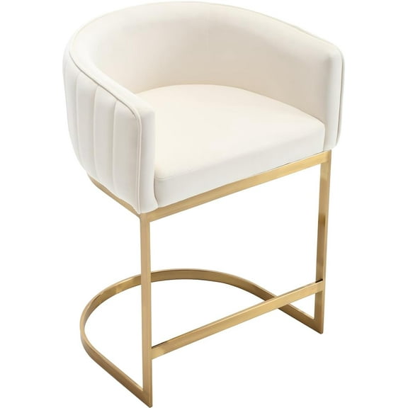 Kmax 24.5" H Counter Height Bar Stool, Modern Velvet Upholstered Barrel Barstool with Black Metal Frame Channel Tufted for Kitchen Island Dining Room White