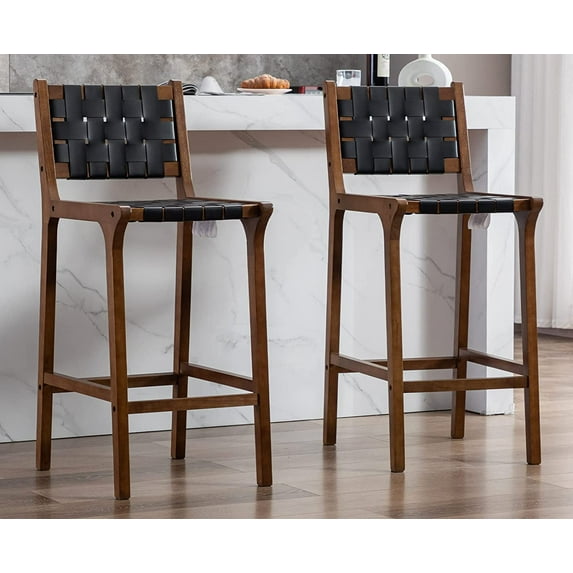 Kmax Bar Stools 28 Inch Farmhouse Wood Barstools Faux Leather Woven Straps with Wood Legs Footrest for Kitchen Island, Set of 2- Black