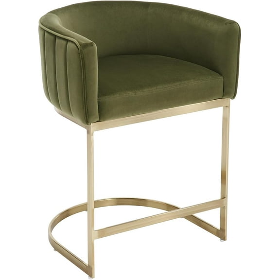 Kmax Counter Height Bar Stool, Velvet Modern Upholstered Barrel Barstools with Gold Metal Frame Channel Tufted for Kitchen Island Dining Room, Olive Green