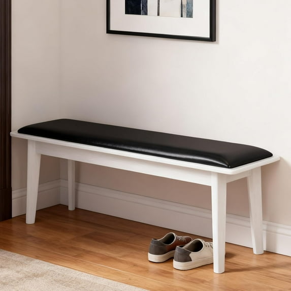 Kmax Entryway Bench, 46" Dining Bench with Wood Leg Rustic Upholstered Window Bench for Entrance Dining Room Living Room - PU Black, White Legs