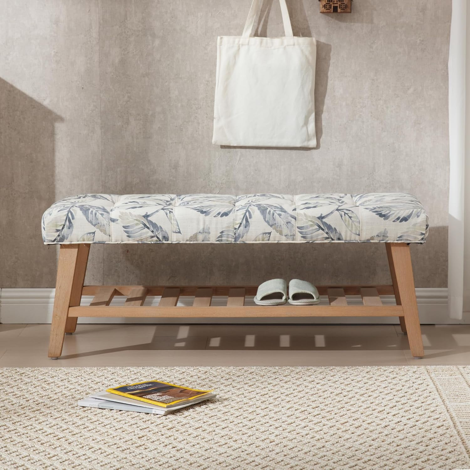 Kmax Entryway Bench with Shoe Storage, Upholstered Wood Storage Bench