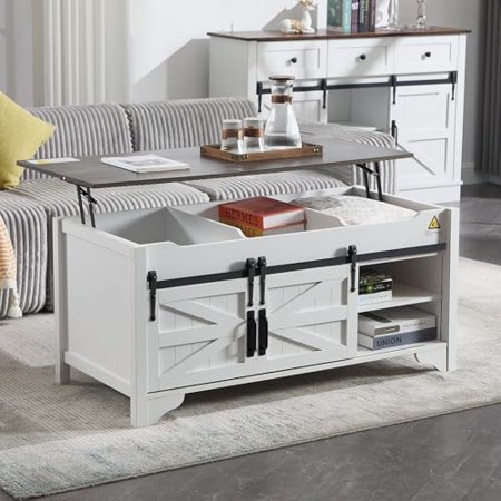 Kmax Lift Top Coffee Table, Farmhouse Coffee Table with Hidden Storage & Sliding Barn Door, Modern Rectangular Rustic White Living Room Center Table, Black Top