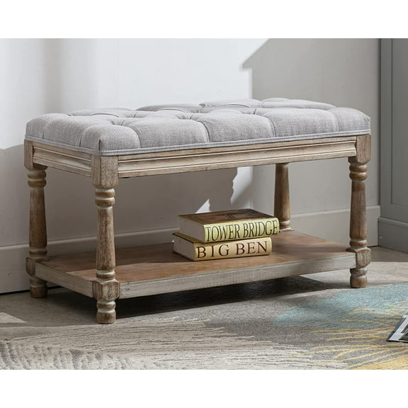 Kmax Storage Entryway Bench Tufted Shoe Rack Bench Wood Window Bench for Hallway Entrance Bedroom Corner-1 Seat, Gray