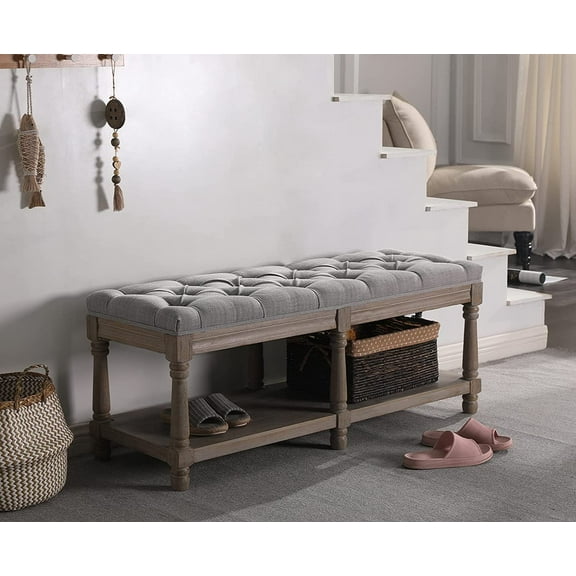 Kmax Storage Entryway Bench Tufted Shoe Rack Bench Wood Window Bench for Hallway Entrance Bedroom Corner, Gray