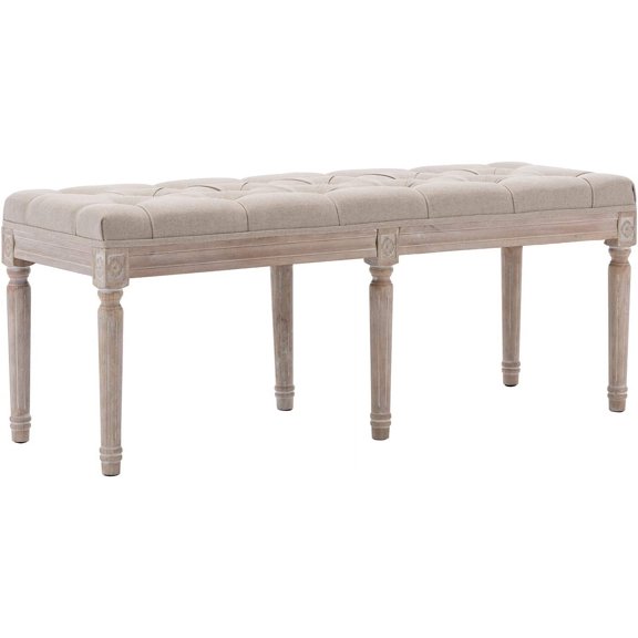 Kmax Upholstered Dining Room , Rustic Living Room Ottoman  with Carved Pattern & Rustic White Brushed Rubber Wood Legs, Beige