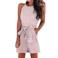 thumbnail image 1 of Kmdttou 2025 New Fashion Fashion Women's Summer Casual Striped Print Sleeveless Round Neck Lacing Straight Shorts Jumpsuit with Pockets Clothes on Clearance!, 1 of 7