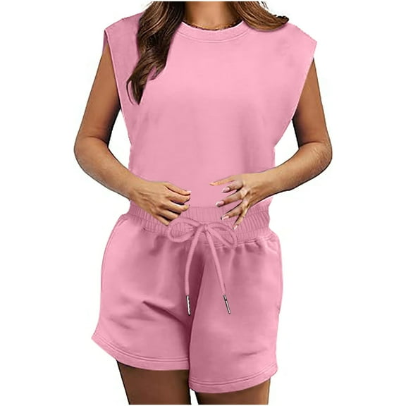 Kmdttou 2025 New Fashion Women's Solid Color Sleeveless Backless Top With Elastic Waist Pocket Shorts And Jumpsuit with Pockets Clothes on Clearance!
