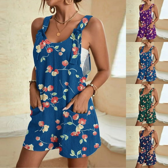 Kmdttou 2025 New Fashion Women's Summer Comfortable Casual Suspender Printing Shorts Pocket Jumpsuit Shorts with Pockets Clothes on Clearance!