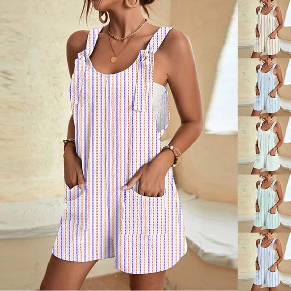 Kmdttou 2025 New Fashion Women's Summer Comfortable Casual Suspender Printing Shorts Pocket Jumpsuit Shorts with Pockets Clothes on Clearance!