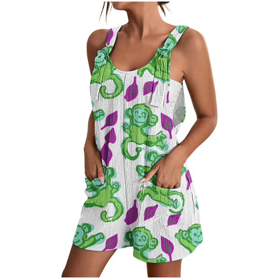 Kmdttou 2025 New Fashion Women's Summer Comfortable Casual Suspender Printing Shorts Pocket Jumpsuit Shorts with Pockets Clothes on Clearance!