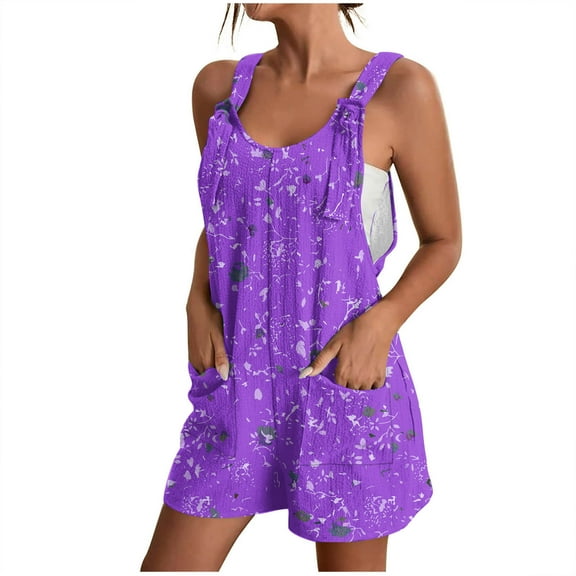 Kmdttou 2025 New Fashion Women's Summer Comfortable Casual Suspender Printing Shorts Pocket Jumpsuit Shorts with Pockets Clothes on Clearance!