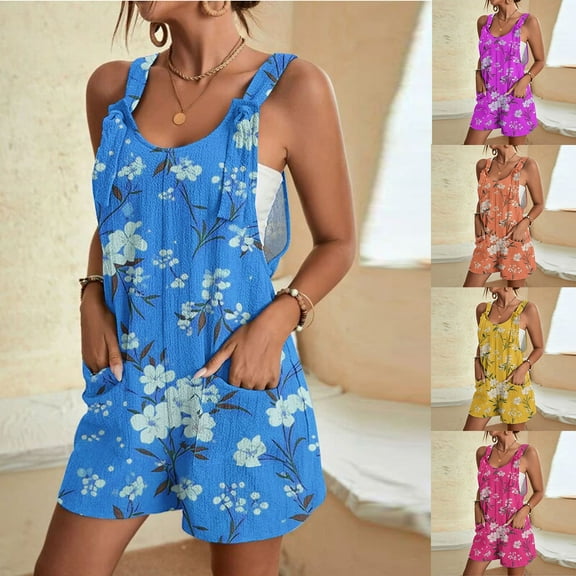 Kmdttou 2025 New Fashion Women's Summer Comfortable Casual Suspender Printing Shorts Pocket Jumpsuit Shorts with Pockets Clothes on Clearance!
