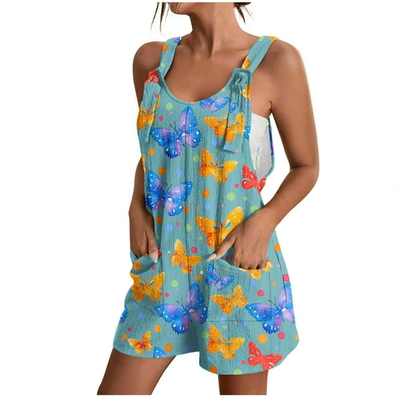 Kmdttou 2025 New Fashion Women's Summer Comfortable Casual Suspender Printing Shorts Pocket Jumpsuit Shorts with Pockets Clothes on Clearance!