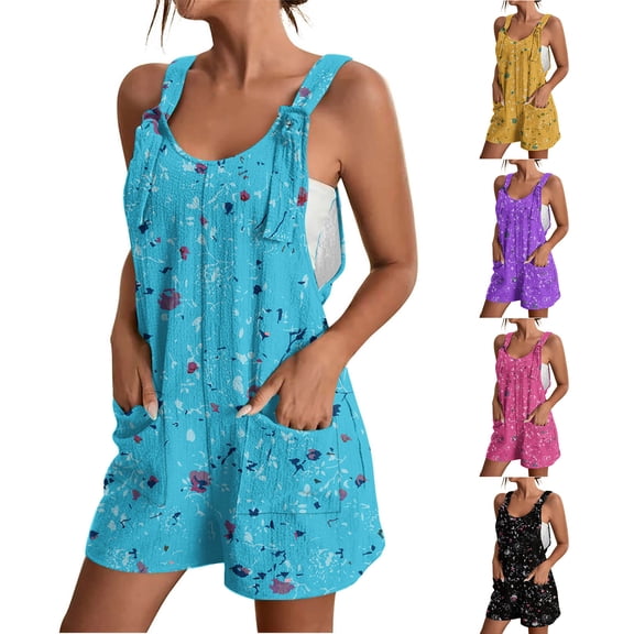 Kmdttou 2025 New Fashion Women's Summer Comfortable Casual Suspender Printing Shorts Pocket Jumpsuit Shorts with Pockets Clothes on Clearance!