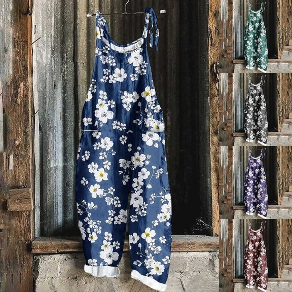 Kmdttou 2025 New Women Fashion Plus Size Print Sleeveless Two Pocket Casual Overalls Jumpsuit Jumpsuit Pants,S-5XL