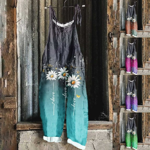 Kmdttou 2025 New Women Fashion Plus Size Print Sleeveless Two Pocket Casual Overalls Jumpsuit Jumpsuit Pants,S-5XL