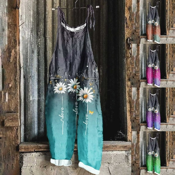 Kmdttou 2025 New Women Fashion Plus Size Print Sleeveless Two Pocket Casual Overalls Jumpsuit Jumpsuit Pants,S-5XL