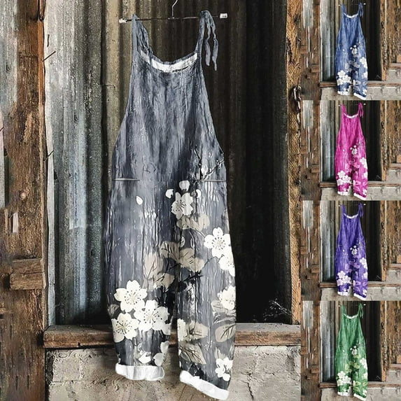 Kmdttou 2025 New Women Fashion Plus Size Print Sleeveless Two Pocket Casual Overalls Jumpsuit Jumpsuit Pants,S-5XL