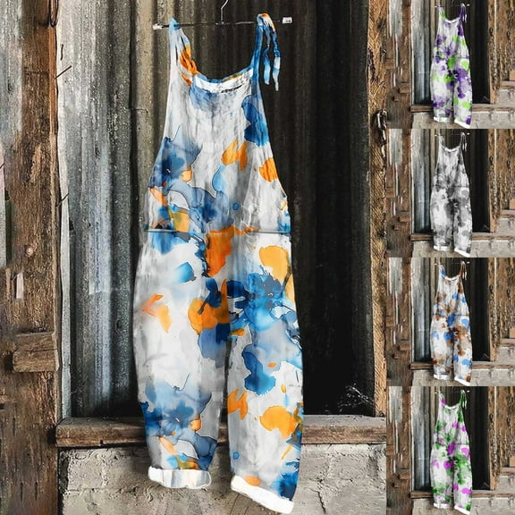 Kmdttou 2025 New Women Fashion Plus Size Print Sleeveless Two Pocket Casual Overalls Jumpsuit Jumpsuit Pants,S-5XL