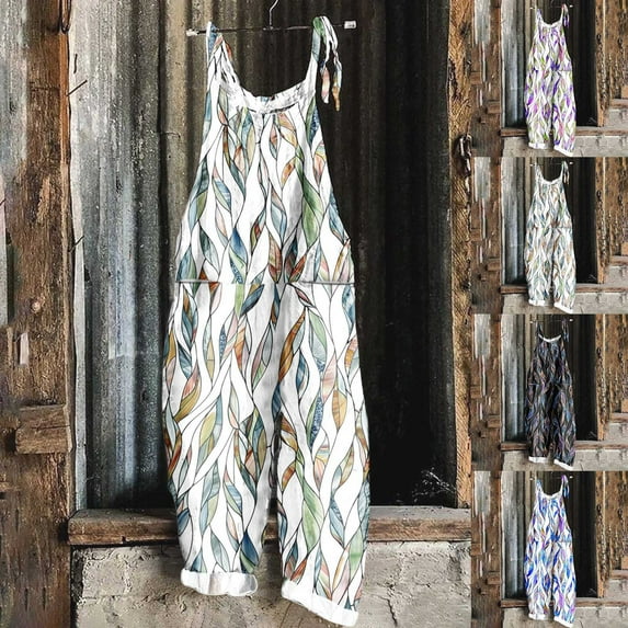 Kmdttou 2025 New Women Fashion Plus Size Print Sleeveless Two Pocket Casual Overalls Jumpsuit Jumpsuit Pants,S-5XL