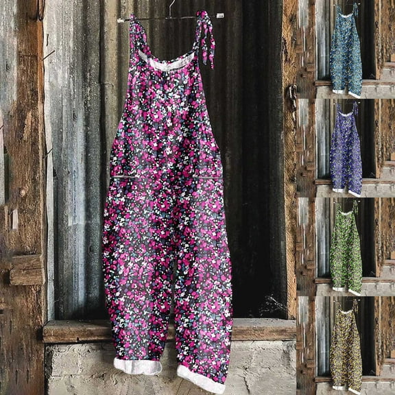 Kmdttou 2025 New Women Fashion Plus Size Print Sleeveless Two Pocket Casual Overalls Jumpsuit Jumpsuit Pants,S-5XL