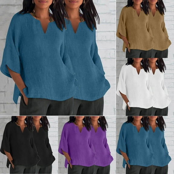 Kmdttou 2PC Blouses for Women Fashion Plus Size V Neck Leisure 3/4 Sleeve Solid Casual Flowy Shirts