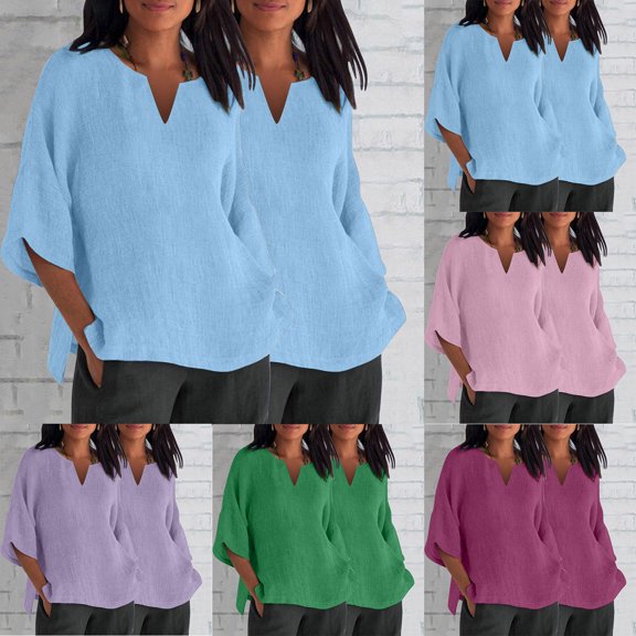 Kmdttou 2PC Blouses for Women Fashion Plus Size V Neck Leisure 3/4 Sleeve Solid Casual Summer Shirts