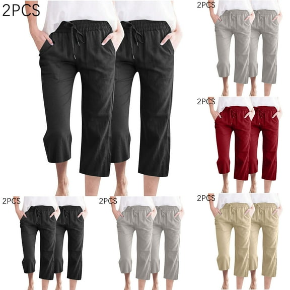 Kmdttou 2PC Fashion Womens Casual Solid Color Elastic Loose Pants Straight Wide Leg Trousers With Pocket