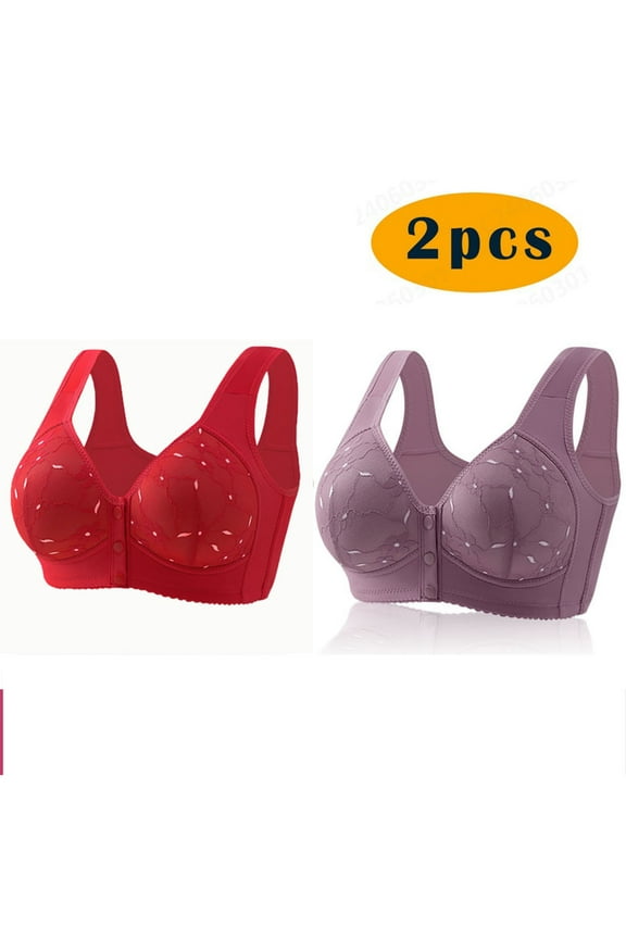2PC Mini-mizer Bras for Women's Push-Up Women's Sexy Middle-Aged And Elderly Printed Front Buckle Without Steel Ring Underwear Soft Large Size Underwear Bra