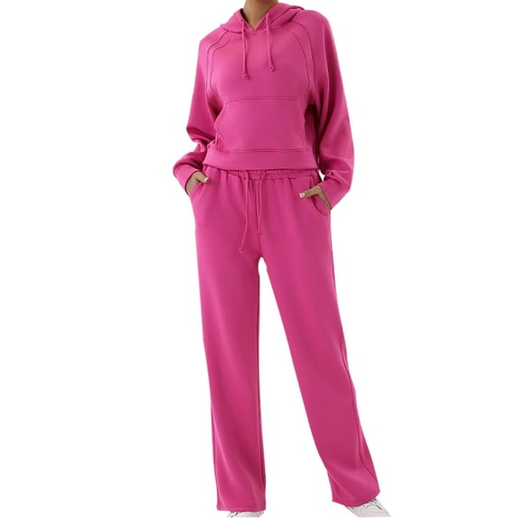 Kmdttou Up to 50% off! Women's Fashionable Solid Color Casual Sweatshirt Sports Suit Hooded Loose Top Wide Leg Pants Running Fitness Suit Two-piece Set on Clearance!