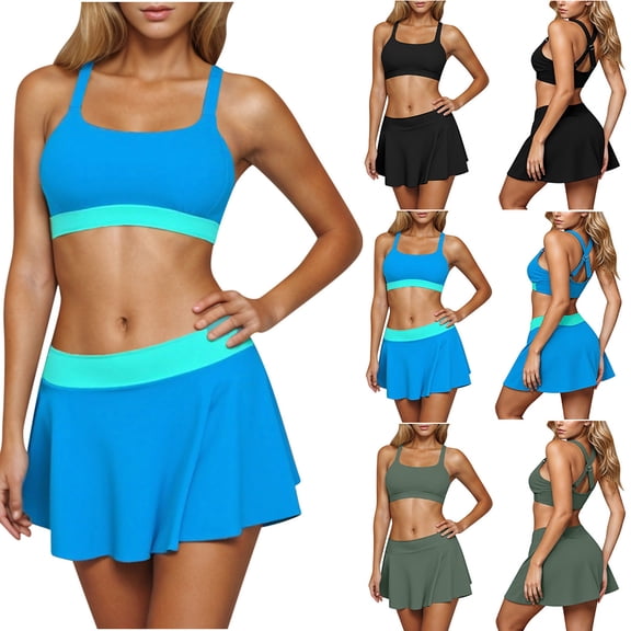 Kmdttou Bathing Suit for Women High Waist Split Set Shoulder Tether Bikini Color Block Solid Color Swimsuit on Clearance