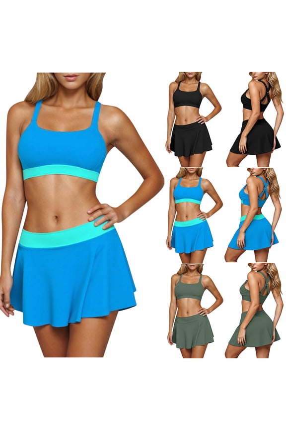 Bathing Suit for Women High Waist Split Set Shoulder Tether Bikini Color Block Solid Color Swimsuit on Clearance